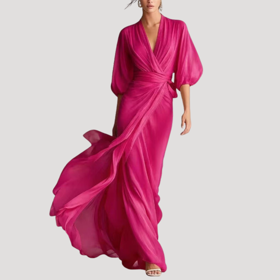 Avril Wrap Balloon Sleeve Maxi Dress - Magenta