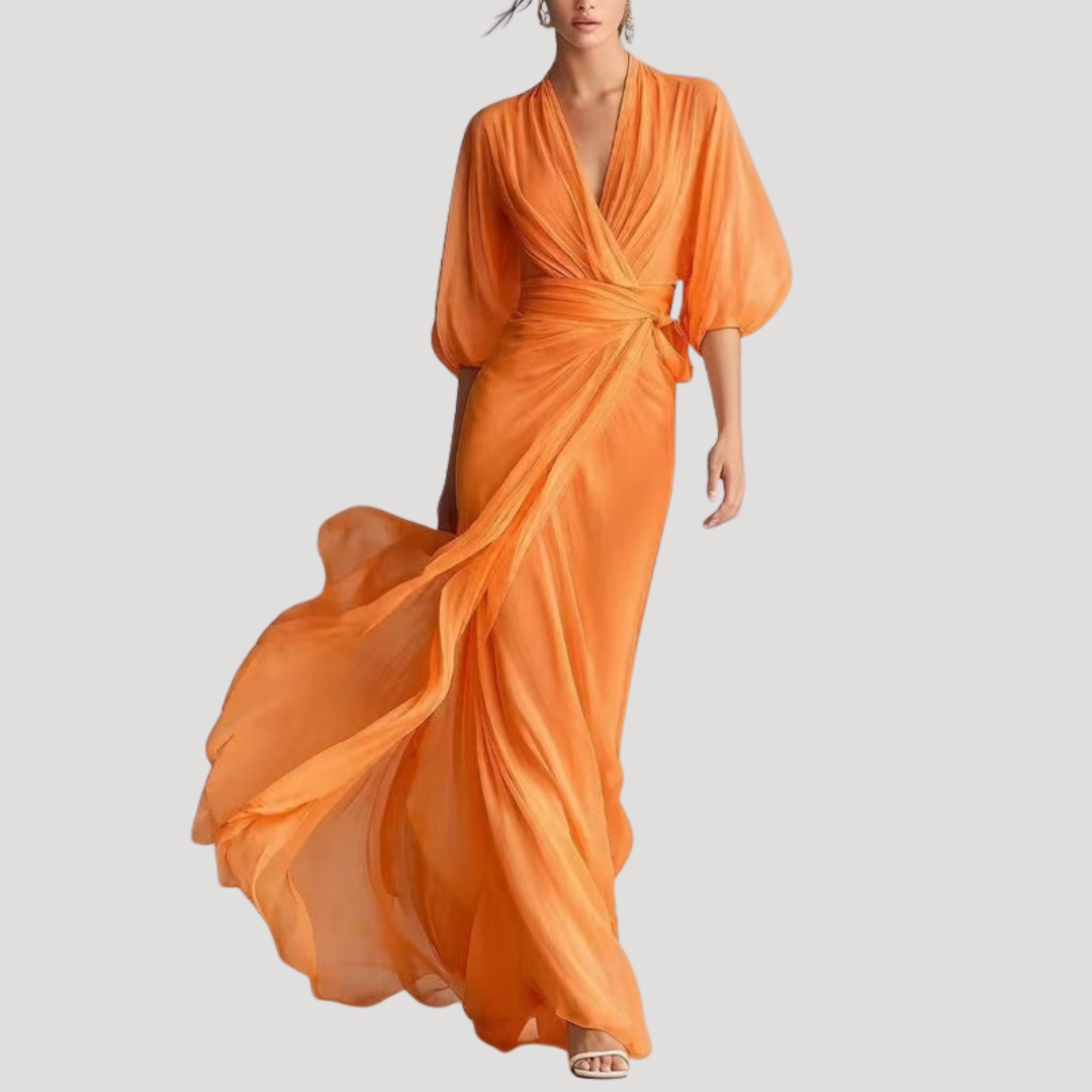 Avril Wrap Balloon Sleeve Maxi Dress - Orange