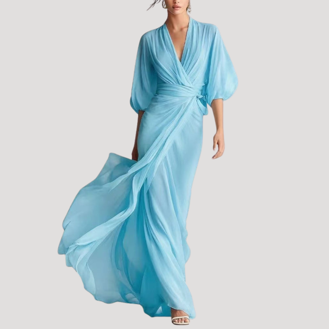 Avril Wrap Balloon Sleeve Maxi Dress - Sky Blue