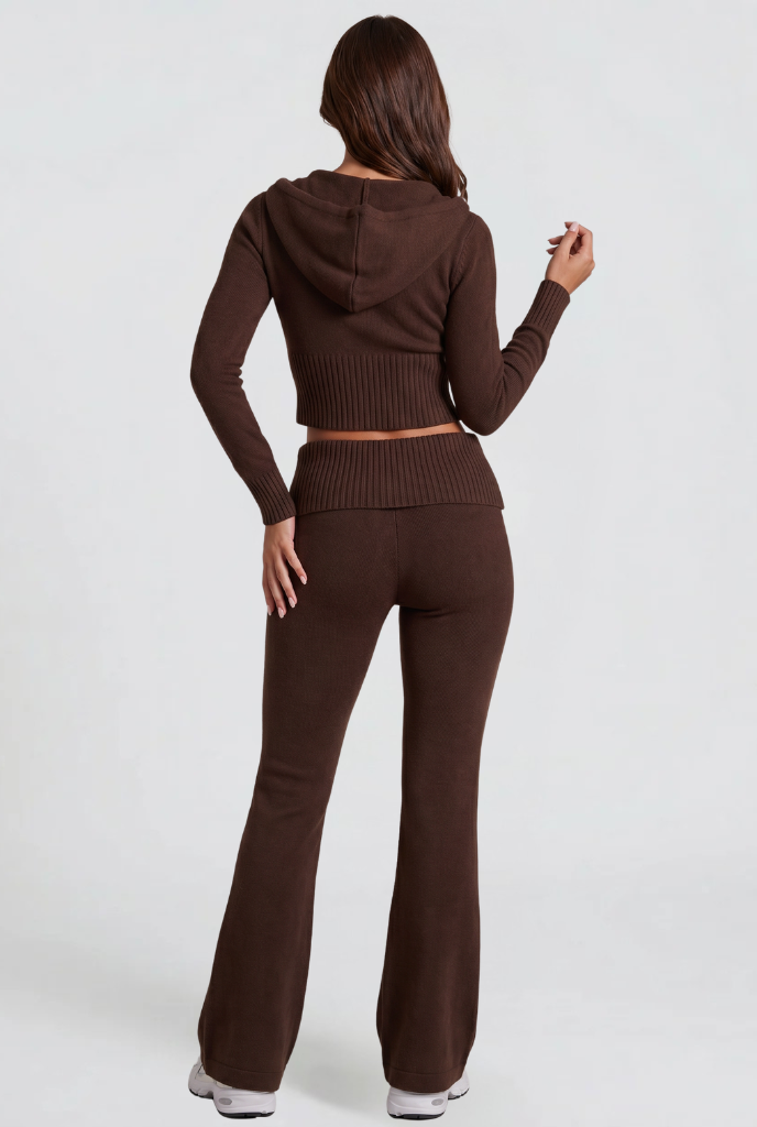 Blaire Cropped Hoodie Flare Pants Set - Brown