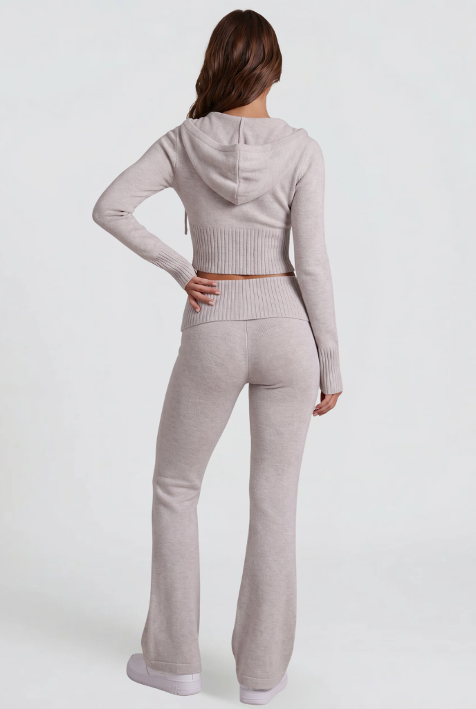 Blaire Cropped Hoodie Flare Pants Set - Light Gray