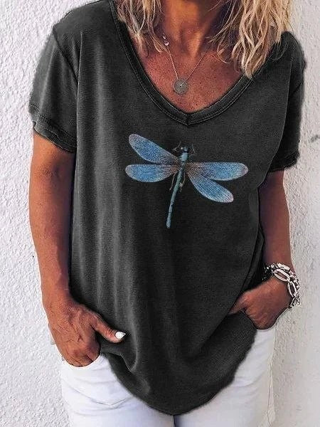 Bria Dragonfly Graphic V-Neck T-Shirt - Charcoal