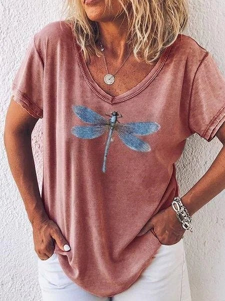 Bria Dragonfly Graphic V-Neck T-Shirt - Dusty Red
