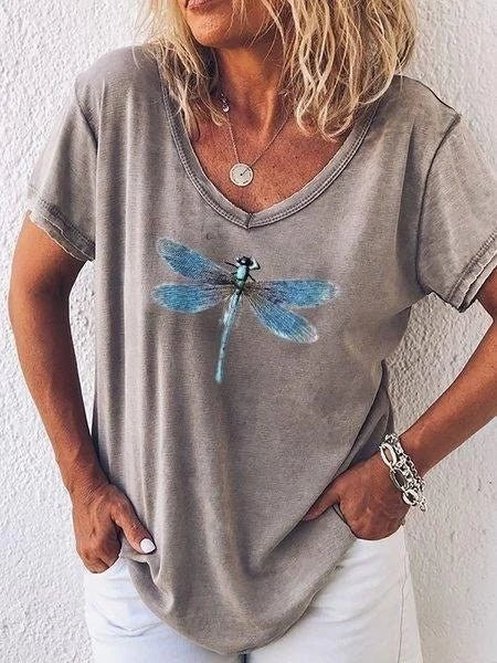 Bria Dragonfly Graphic V-Neck T-Shirt - Gray