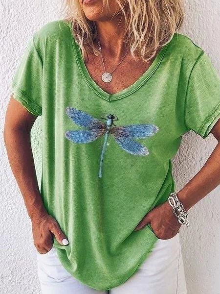 Bria Dragonfly Graphic V-Neck T-Shirt - Green