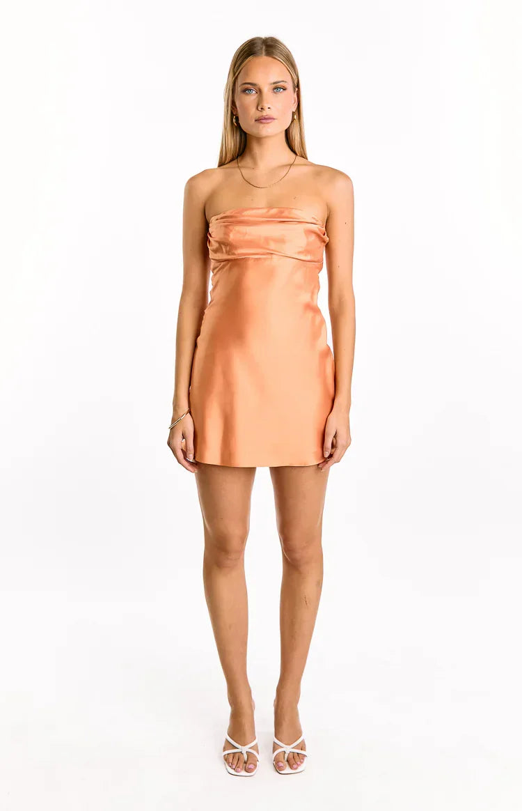 Brynlee Ruched Satin Mini Dress - Peach