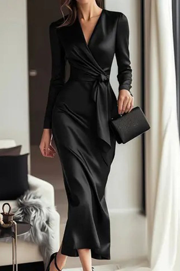 Calyssa Tie Waist Satin Midi Dress - Black