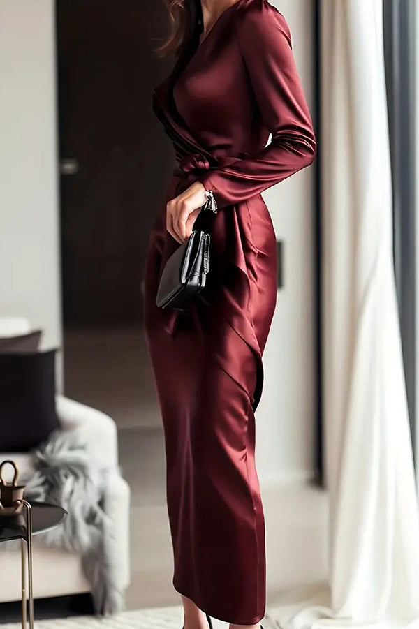 Calyssa Tie Waist Satin Midi Dress - Burgundy