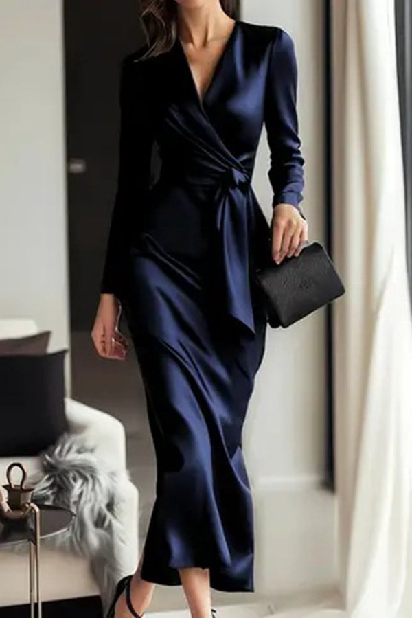 Calyssa Tie Waist Satin Midi Dress - Navy Blue