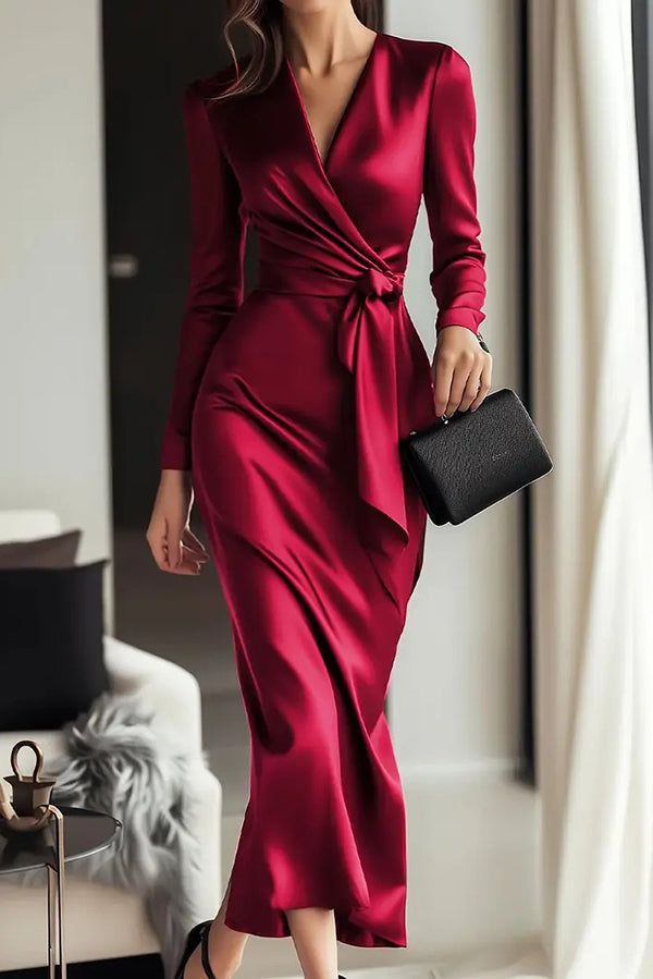 Calyssa Tie Waist Satin Midi Dress - Red
