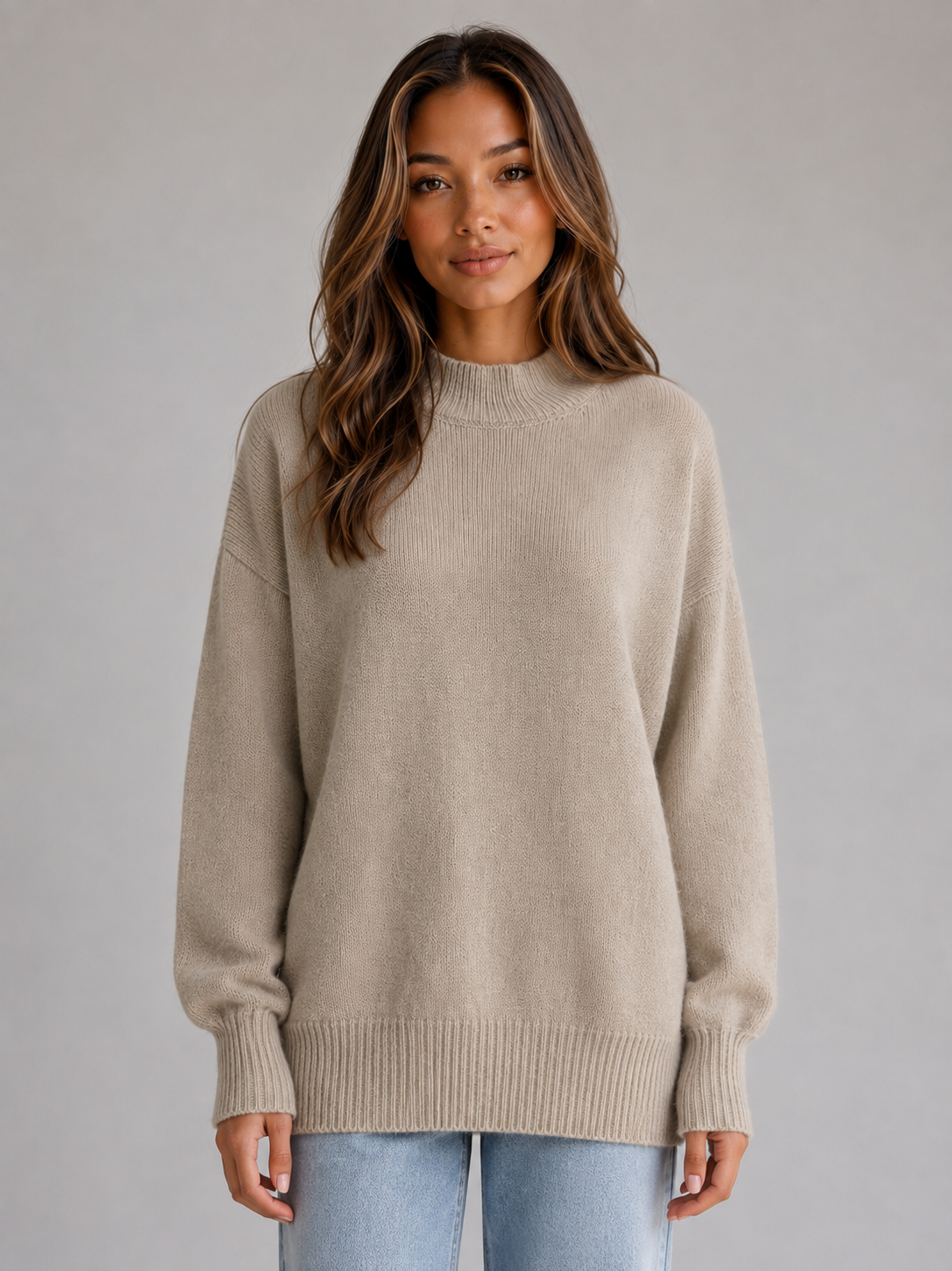 Carolina High Neck Longline Sweater - Beige