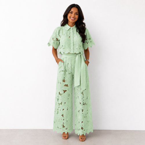 Casilda Scalloped Lace Wide Leg Set - Mint Green