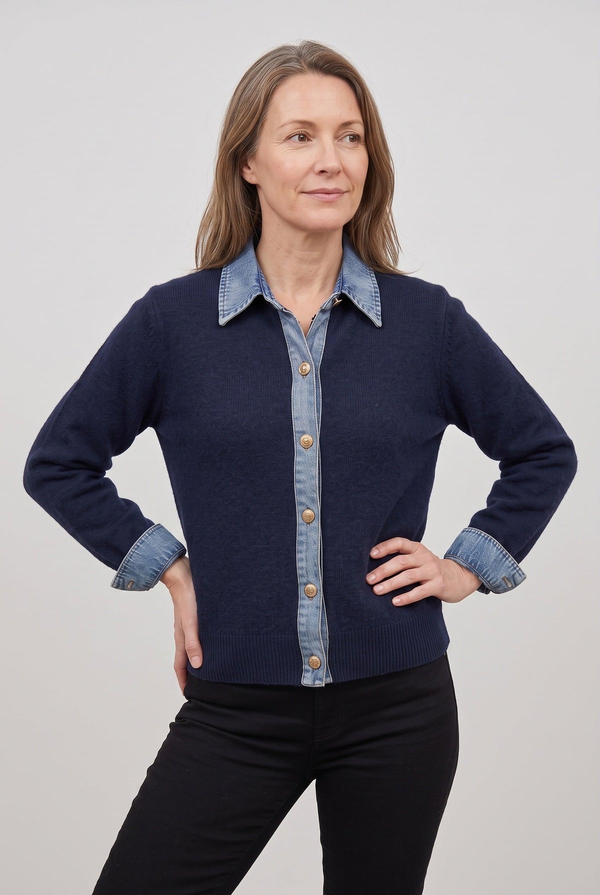Cataleya Denim-Look Collar Cardigan - Navy