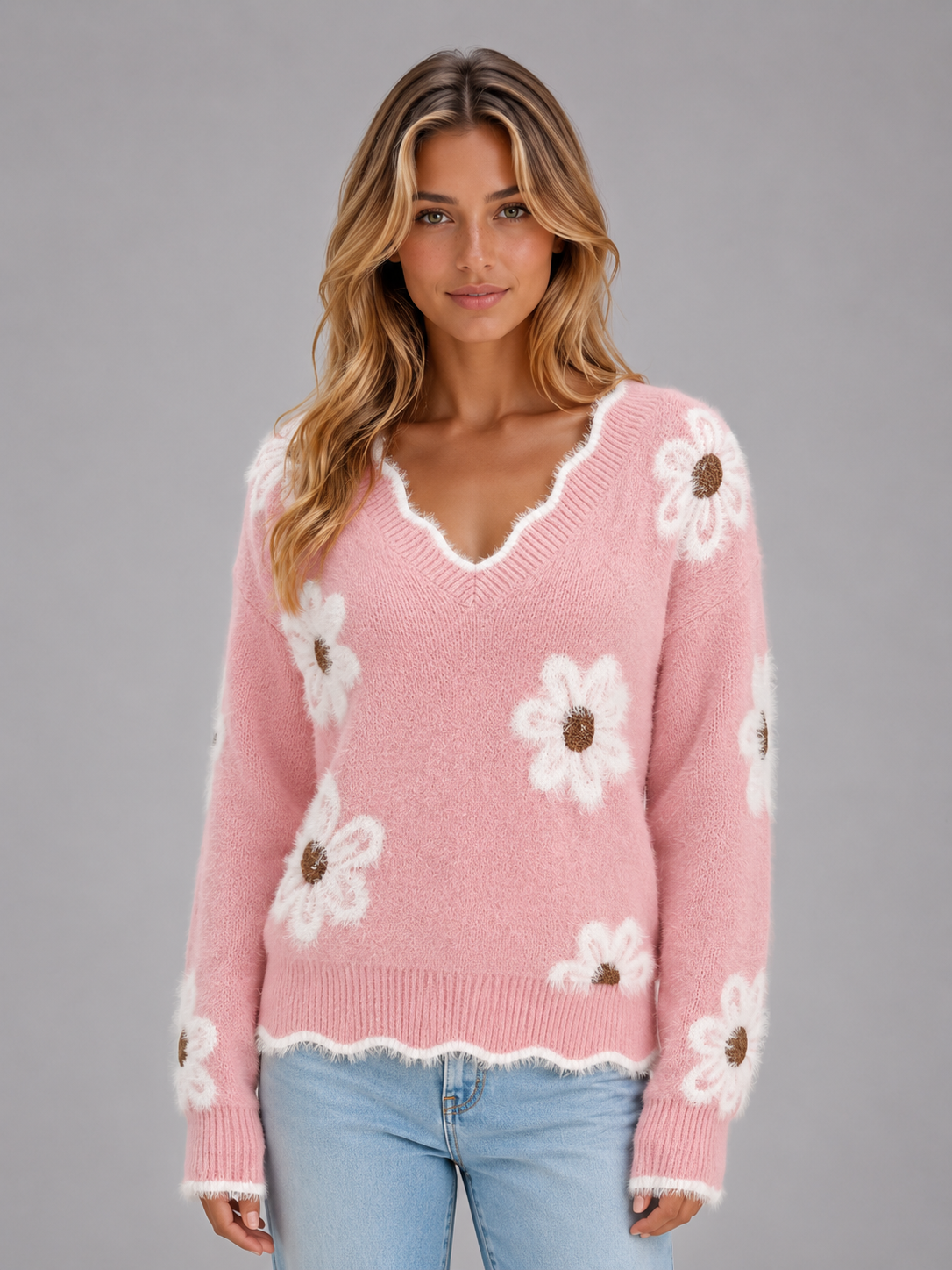 Catrin Floral V-Neck Sweater - Pink Floral