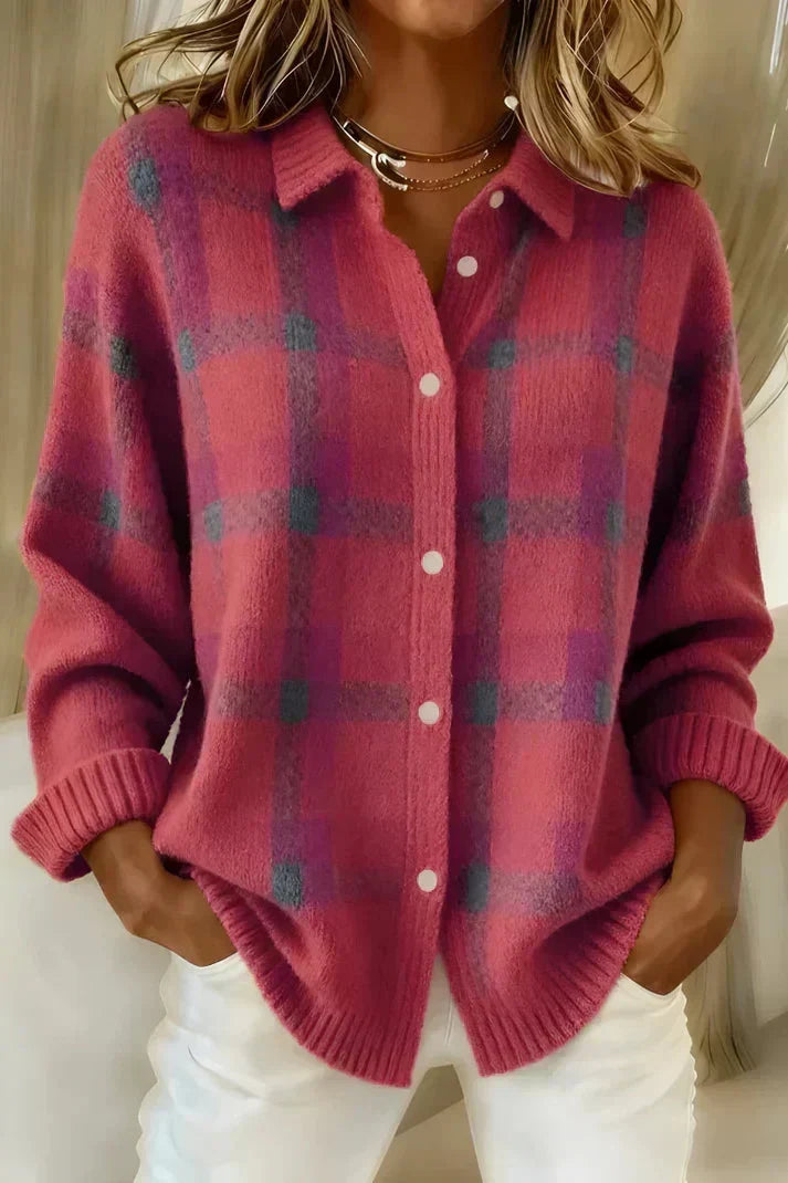 Chandra Plaid Button-Front Cardigan - Pink Plaid