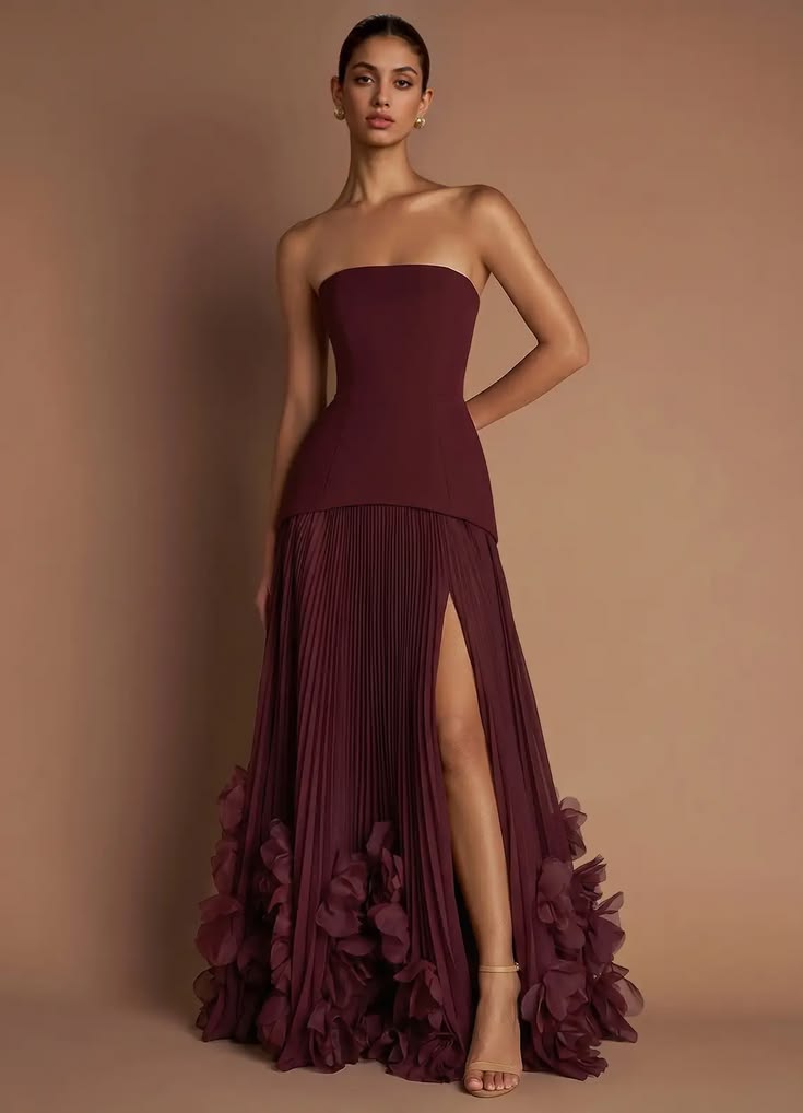 Cleodora Strapless Ruffle Hem Maxi Dress - Burgundy