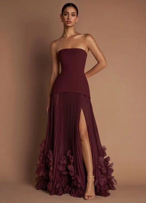 Cleodora Strapless Ruffle Hem Maxi Dress - Burgundy