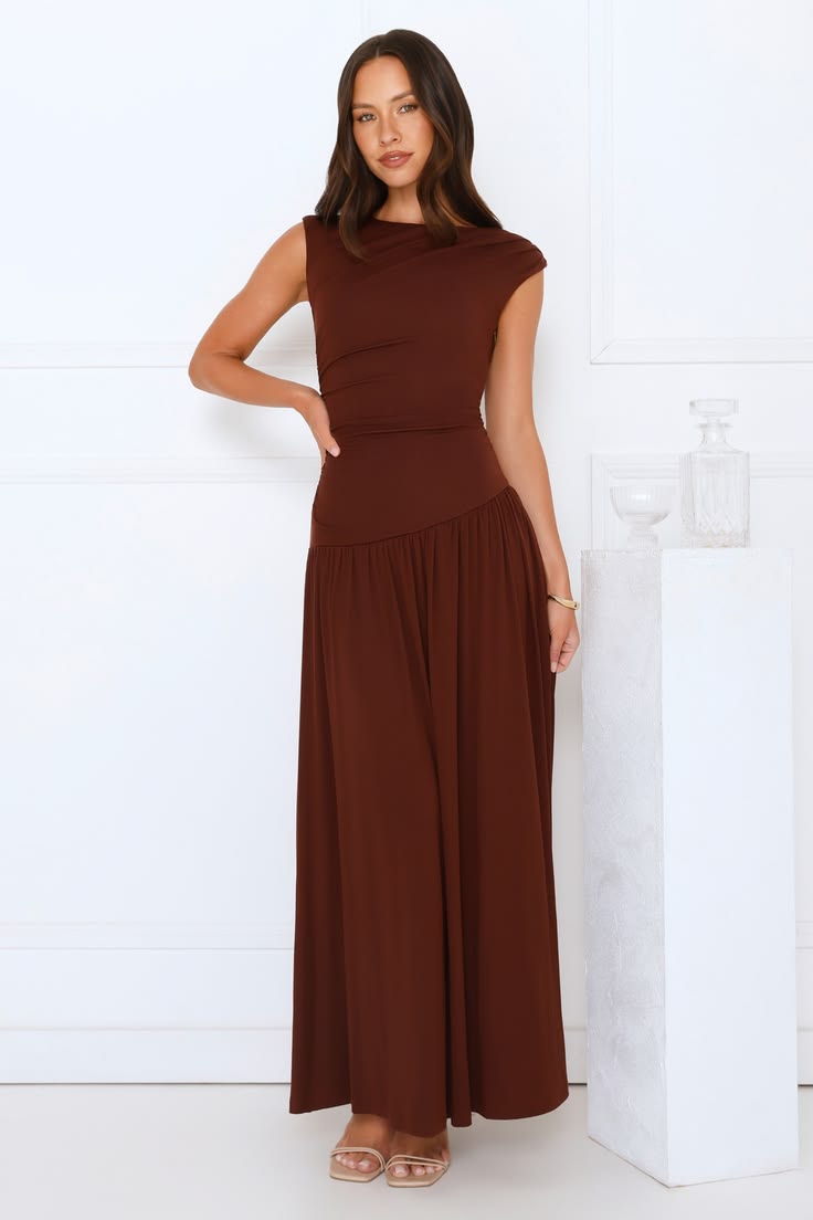 Cyra Cap Sleeve Linen Maxi Dress - Chocolate Brown