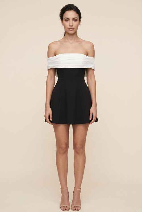 Daelyn Off-Shoulder Bow Mini Dress - Black and White