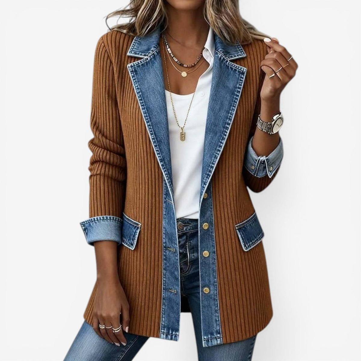 Dagmar Contrast Lapel Knit Jacket - Camel Brown