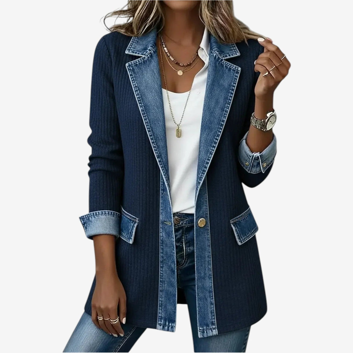 Dagmar Contrast Lapel Knit Jacket - Navy Blue