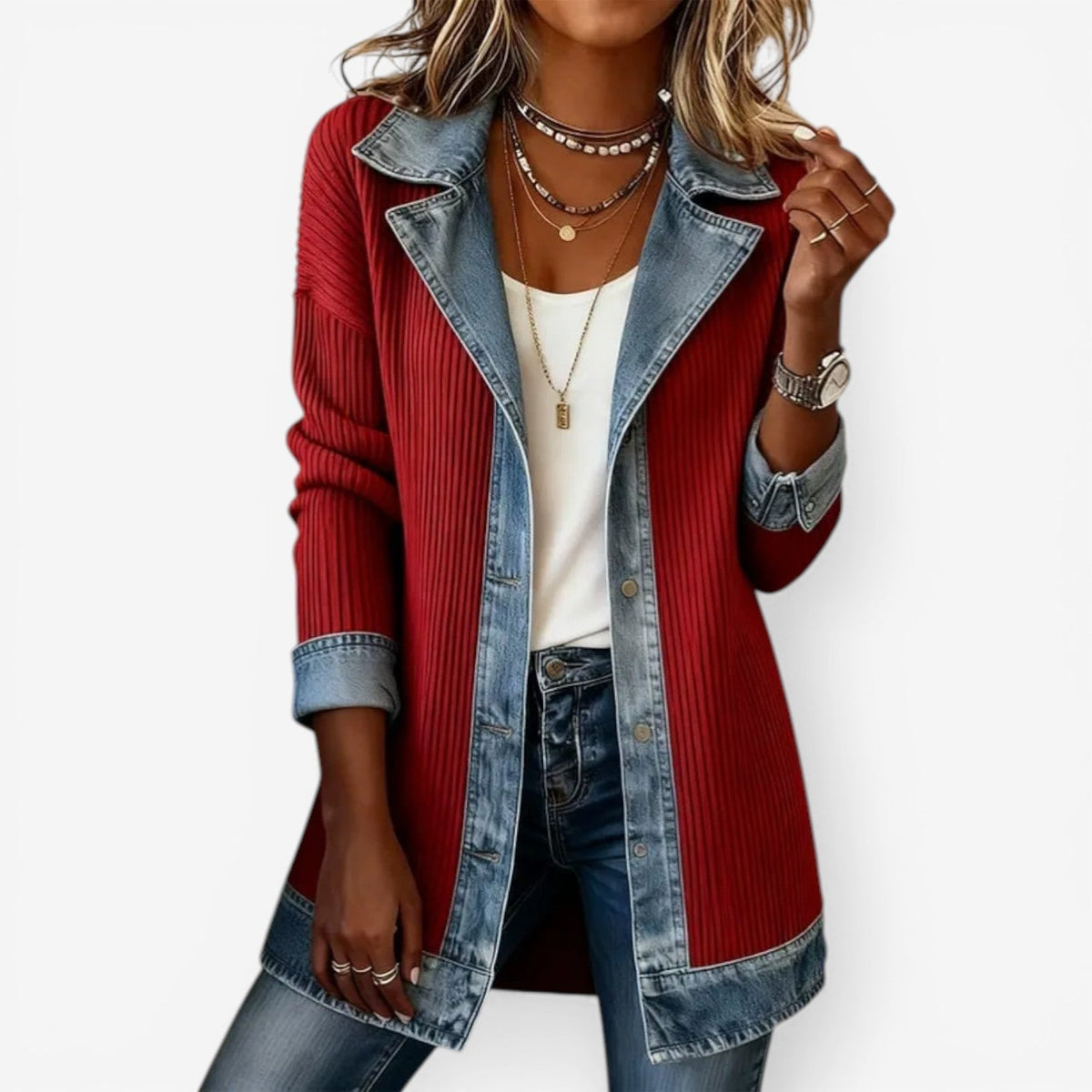 Dagmar Contrast Lapel Knit Jacket - Red