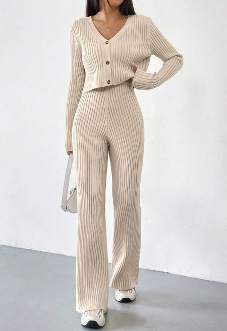Daira Ribbed Knit Cardigan Flare Pants Set - Oatmeal
