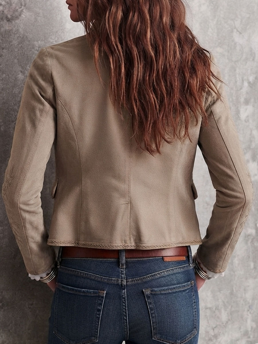Daria Embroidered Suede-Look Jacket - Beige