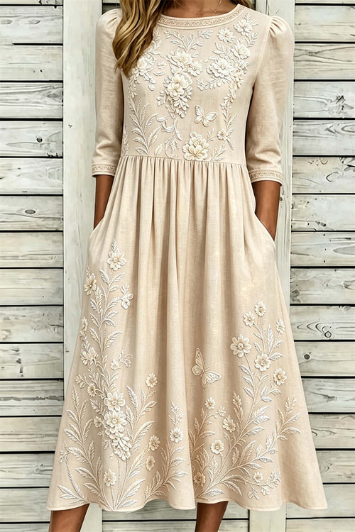 Darina Floral Round Neck Midi Dress - Beige Floral