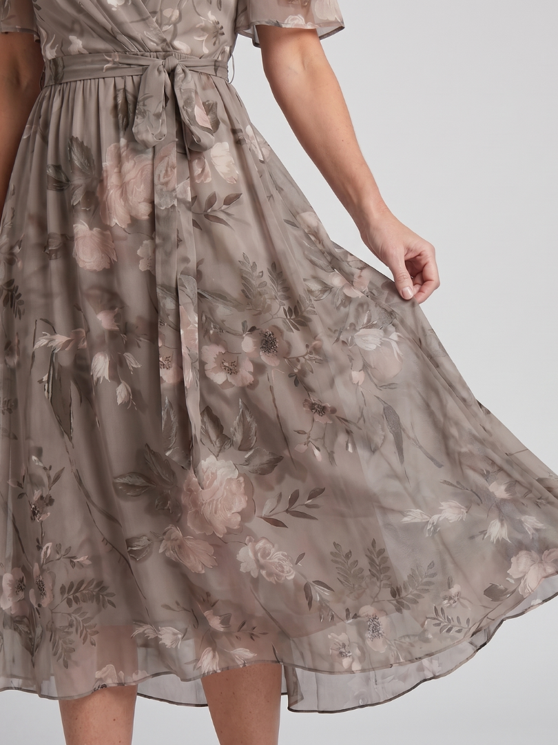 Dawn Flutter Sleeve Floral Midi Dress - Gray Floral