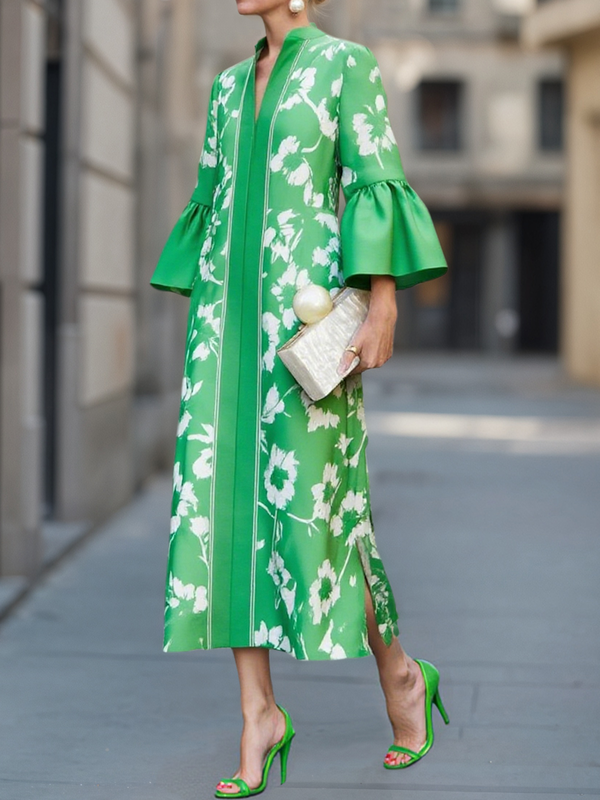 Deandra Floral Bell Sleeve Maxi Dress - Green Floral