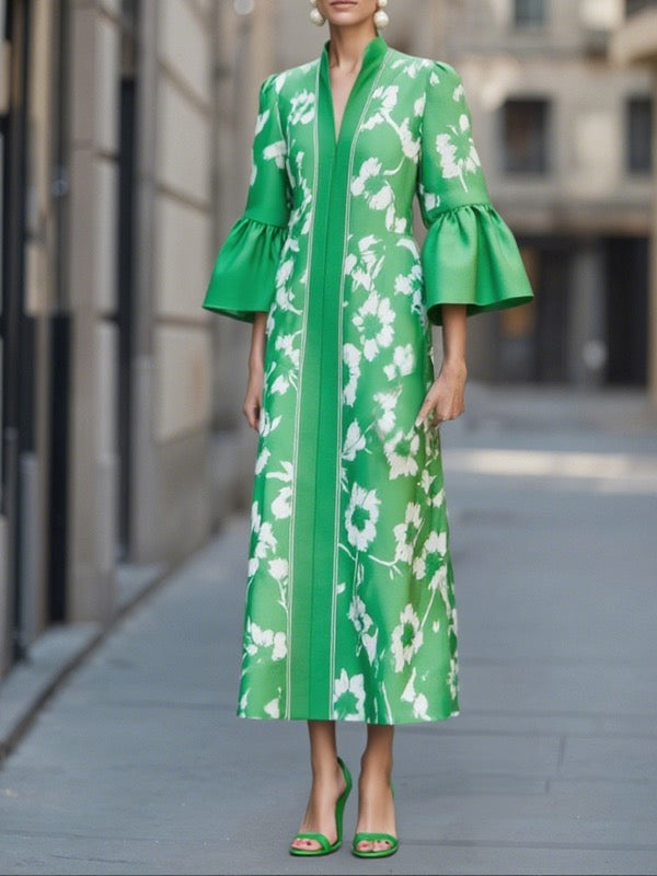 Deandra Floral Bell Sleeve Maxi Dress - Green Floral
