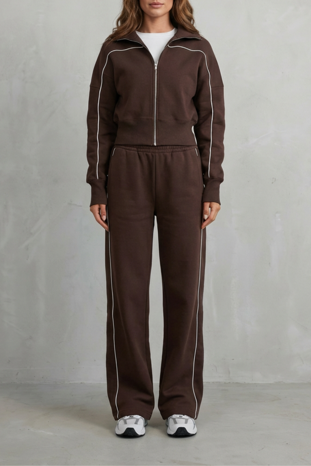Deanna Contrast Piping Tracksuit Set - Chocolate Brown
