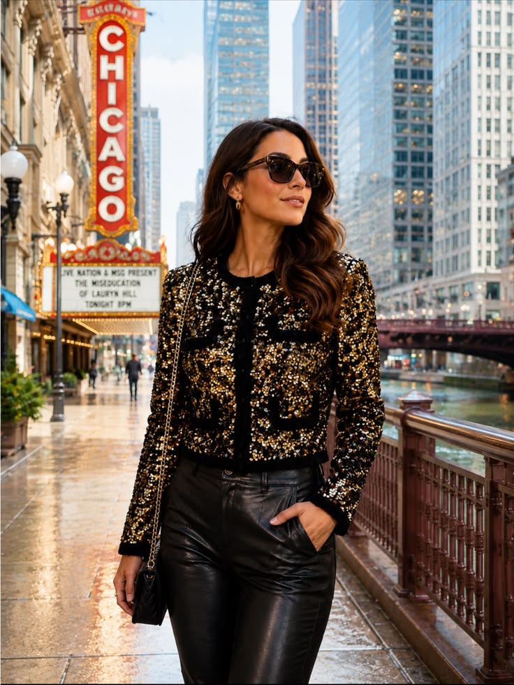 Delmira Collarless Sequin Jacket - Black and Gold