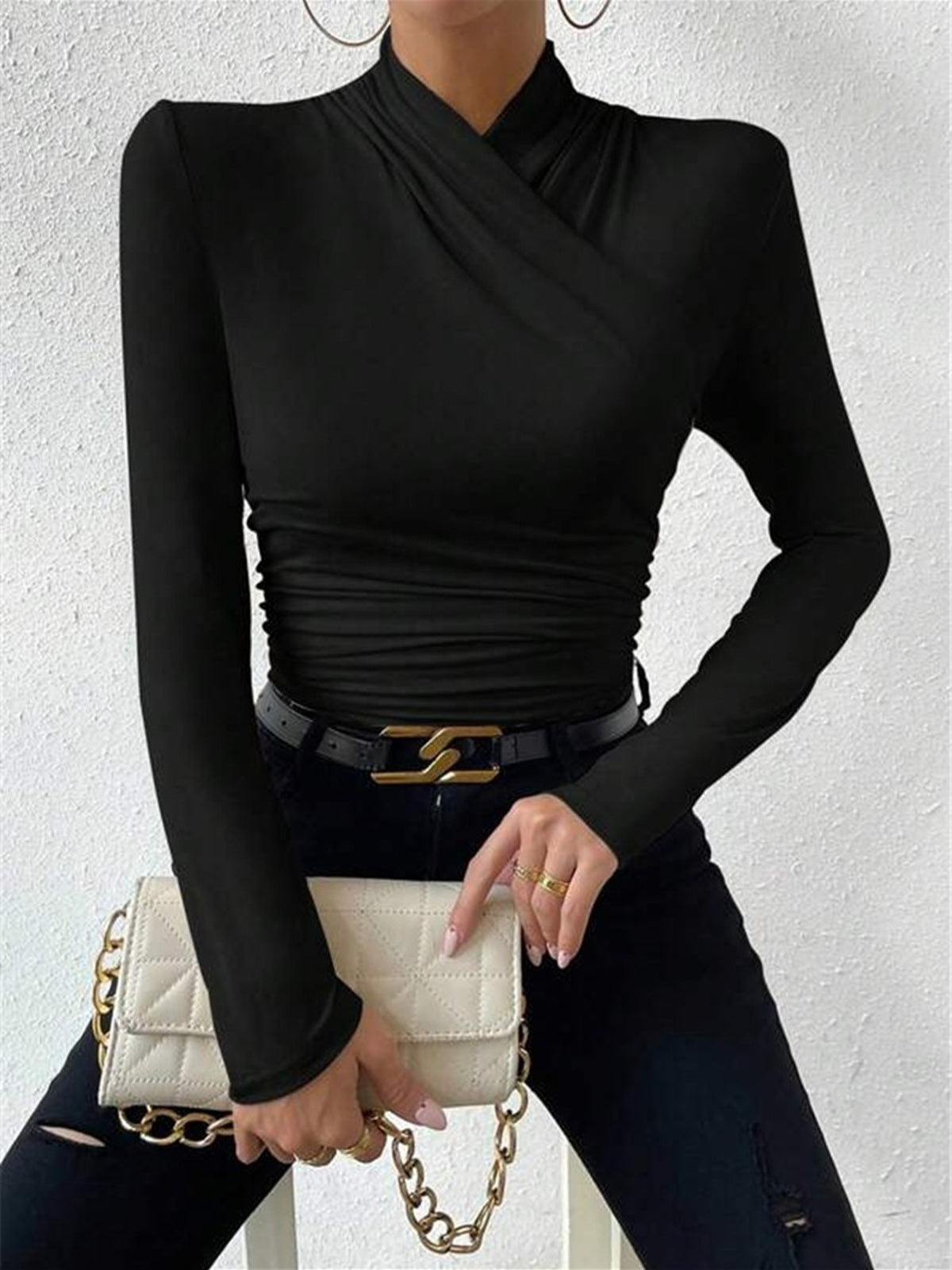Delyth Draped Wrap Neck Knit Top - Black