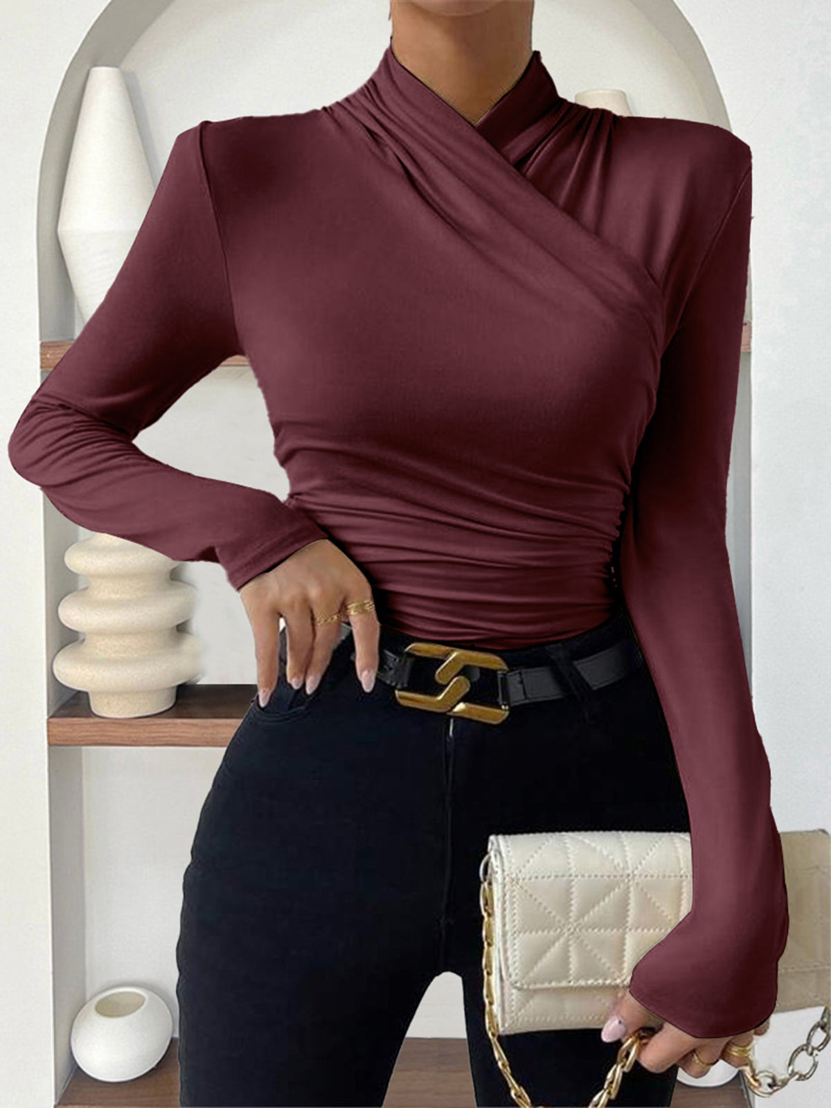 Delyth Draped Wrap Neck Knit Top - Burgundy