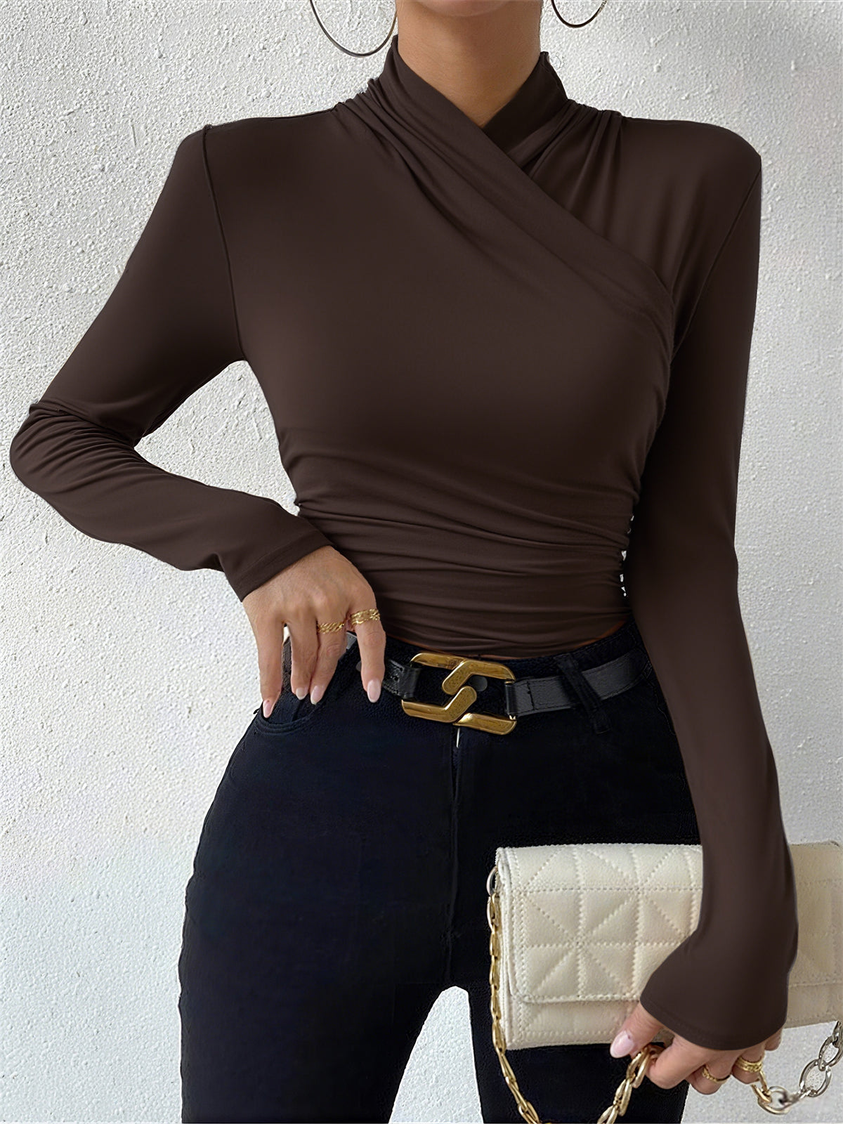 Delyth Draped Wrap Neck Knit Top - Chocolate Brown