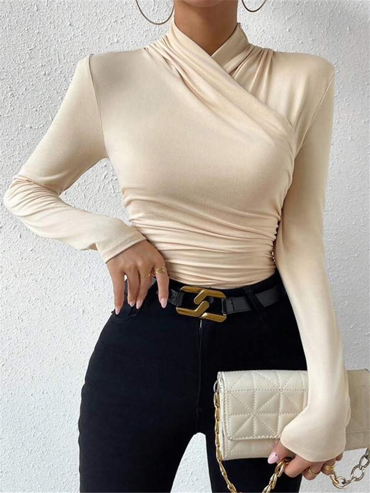Delyth Draped Wrap Neck Knit Top - Cream