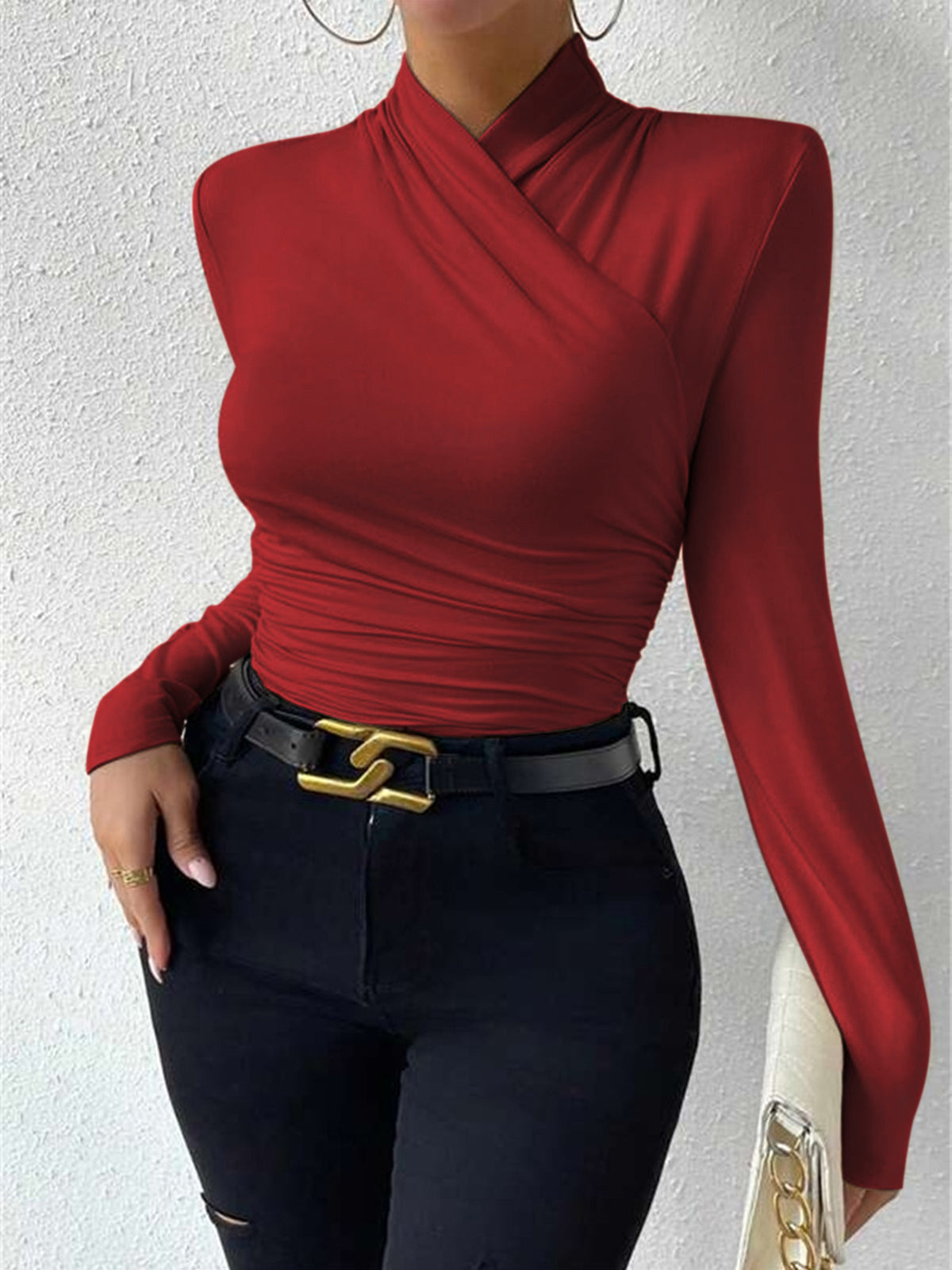 Delyth Draped Wrap Neck Knit Top - Red
