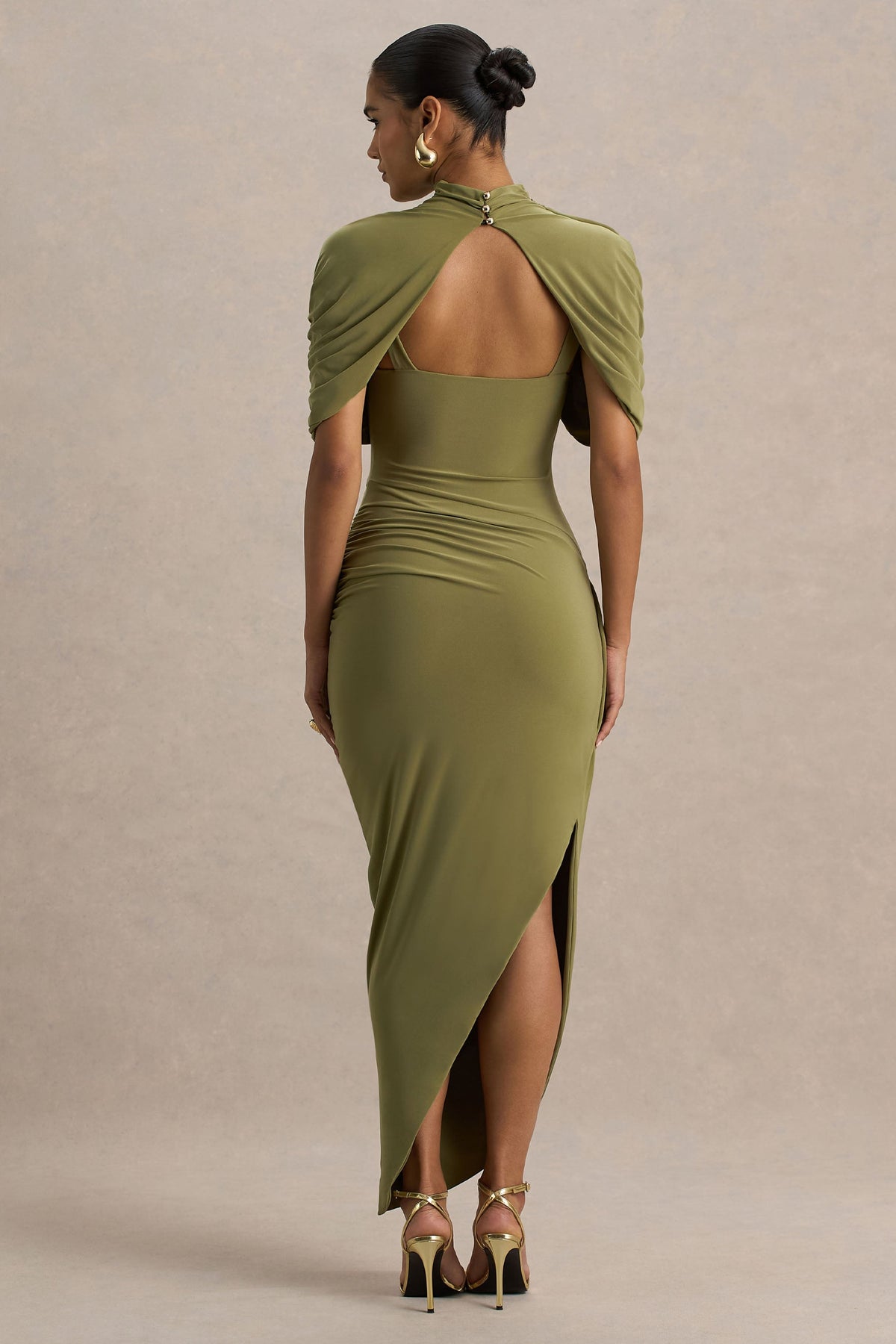 Demetria Draped Cape Midi Dress - Olive
