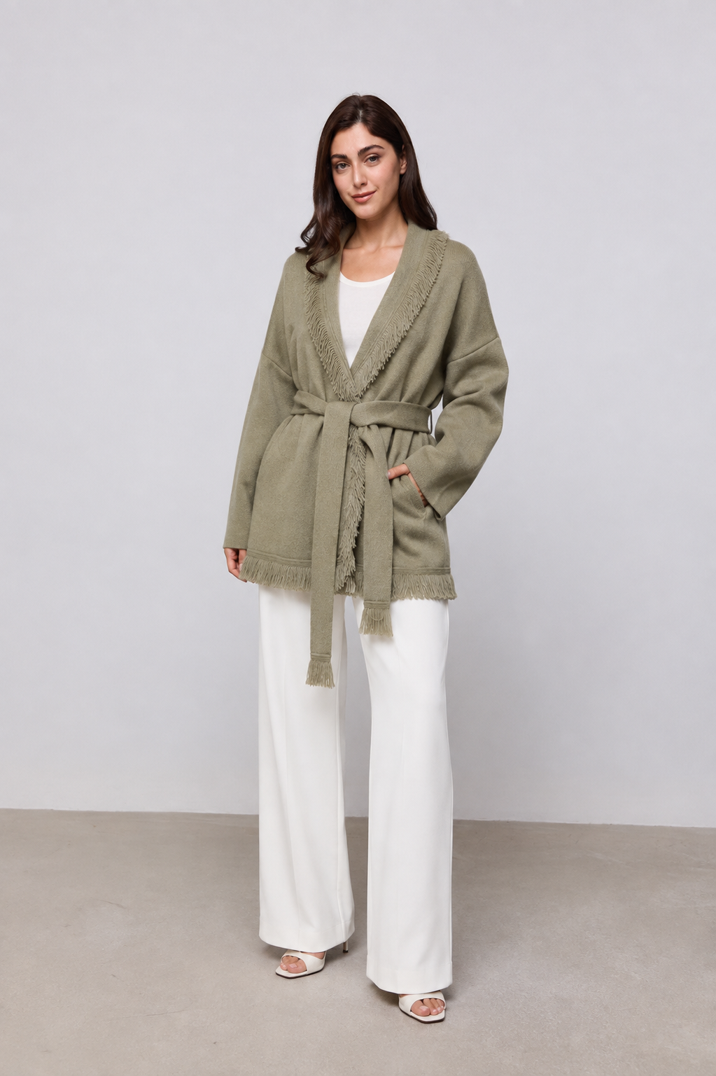 Desiree Wool Fringe Cardigan - Sage Green
