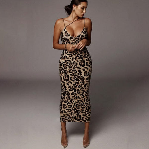 Destiny Leopard Strappy Bodycon Midi Dress - Tan Leopard