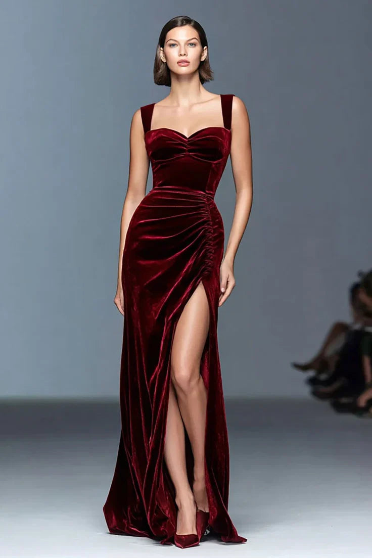 Dorota Ruched Velvet Slit Maxi Dress - Burgundy