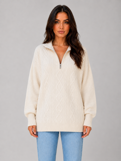 Drew Half-Zip Cable Knit Sweater - Cream