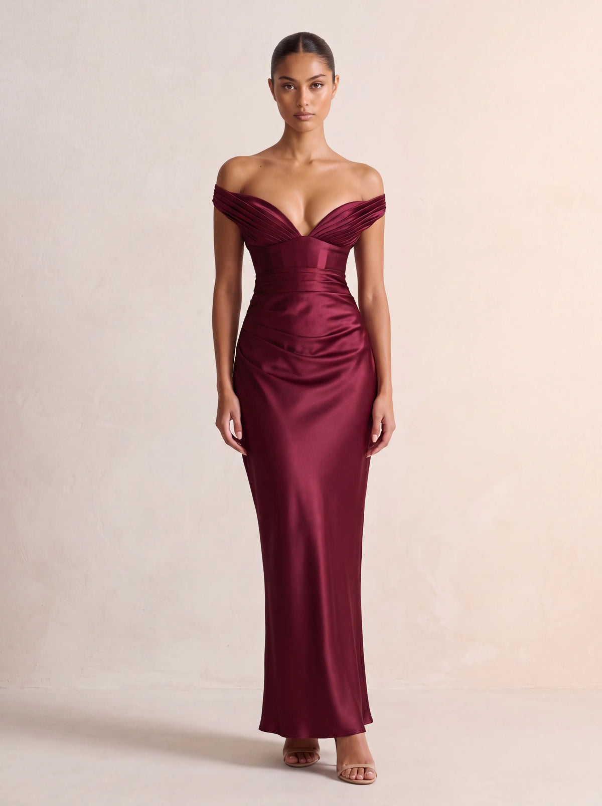 Eglantine Off Shoulder Corset Satin Maxi Dress - Burgundy