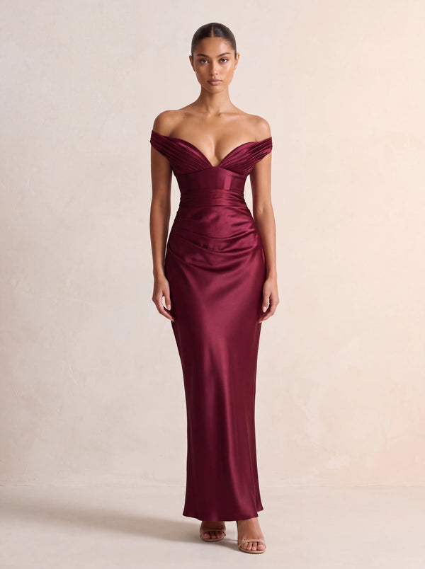 Eglantine Off Shoulder Corset Satin Maxi Dress