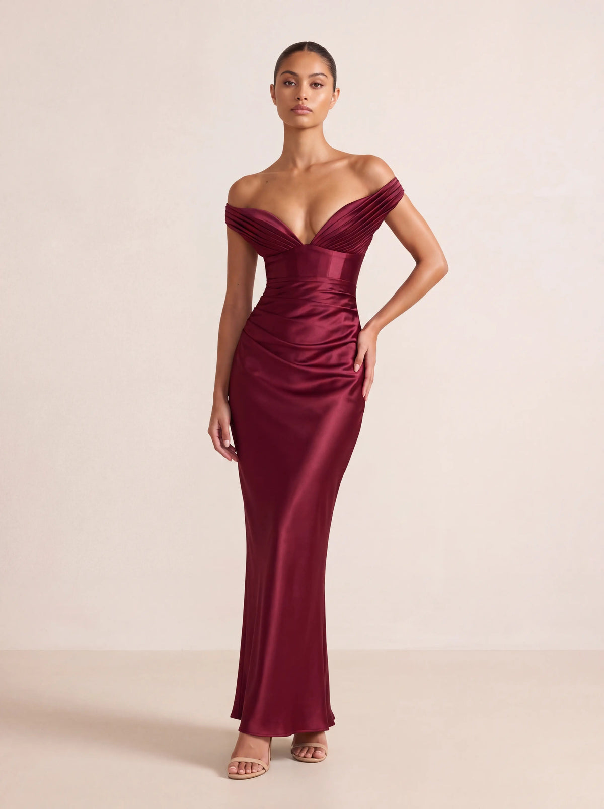 Eglantine Off Shoulder Corset Satin Maxi Dress - Burgundy
