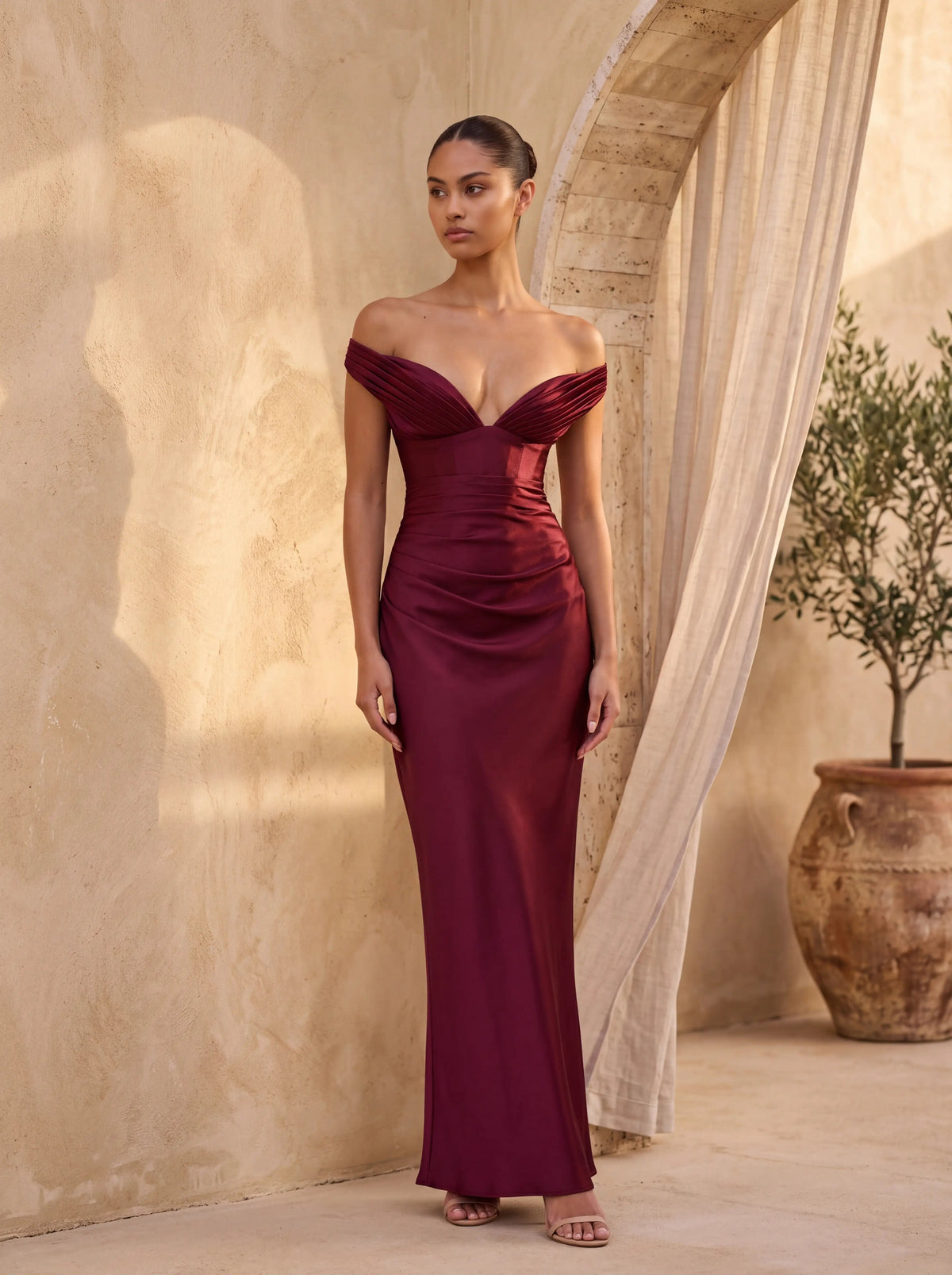 Eglantine Off Shoulder Corset Satin Maxi Dress - Burgundy