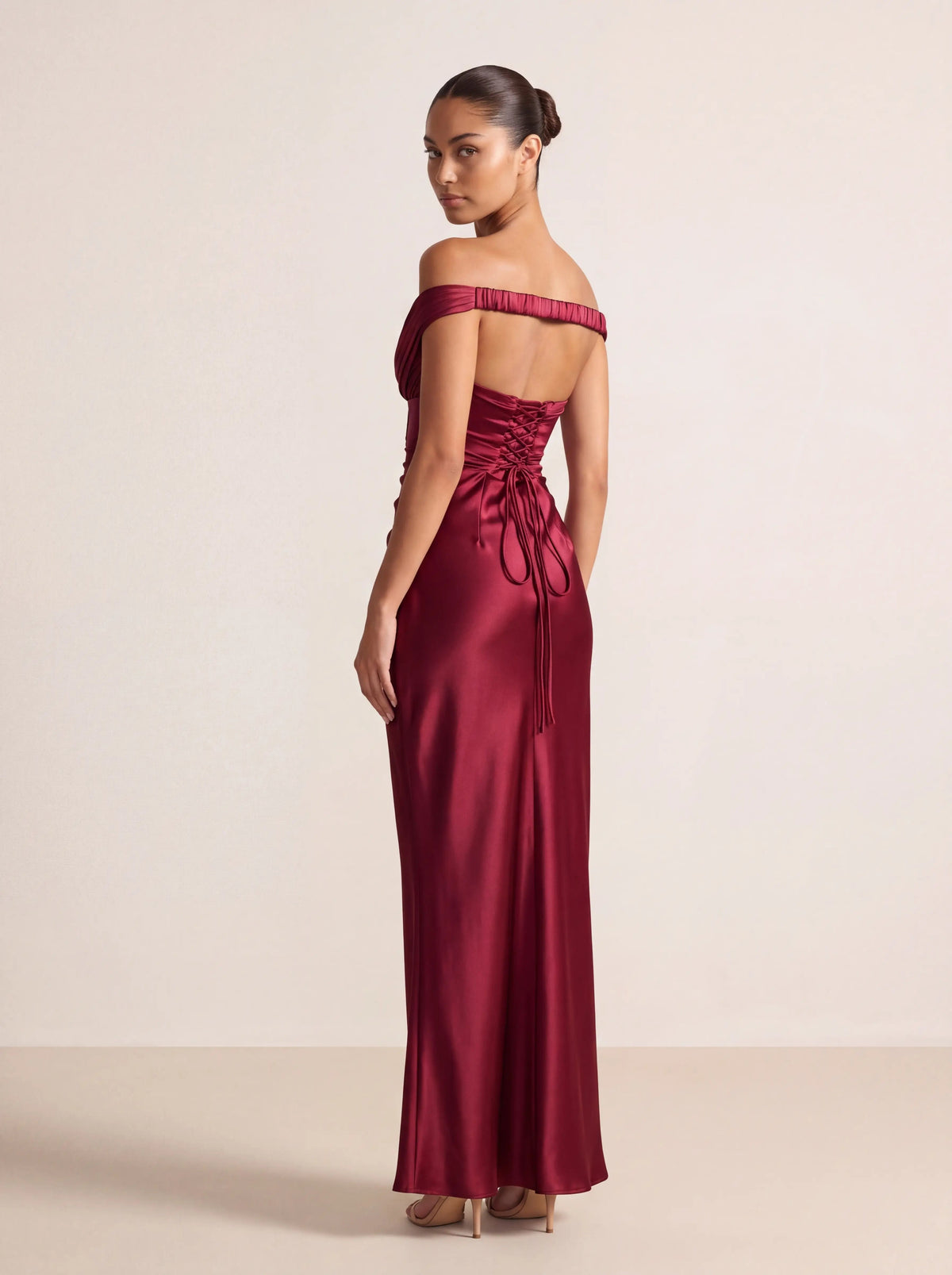 Eglantine Off Shoulder Corset Satin Maxi Dress - Burgundy
