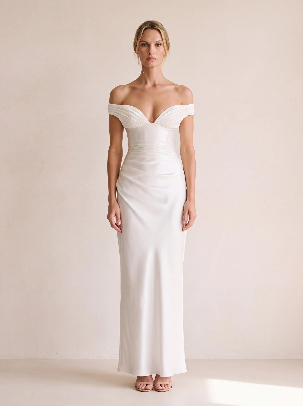 Eglantine Off Shoulder Corset Satin Maxi Dress - Ivory